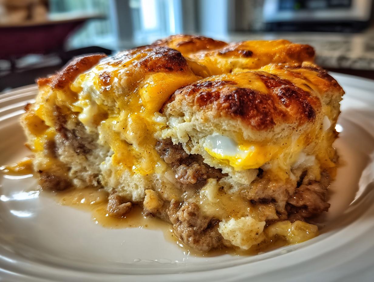 Hearty 6-Layer Biscuits and Gravy Breakfast Casserole Magic