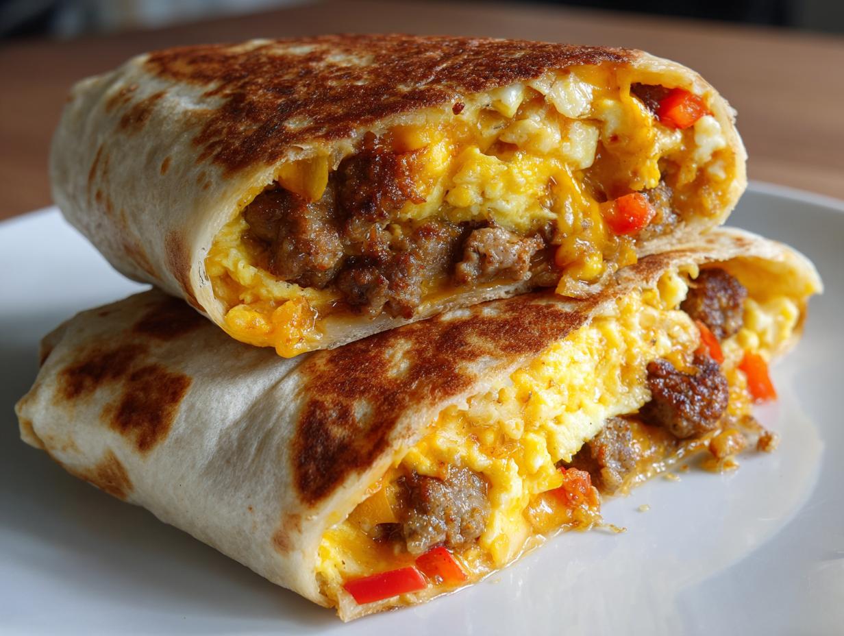 Fluffy 20g Protein Cheesy Sausage Breakfast Burritos