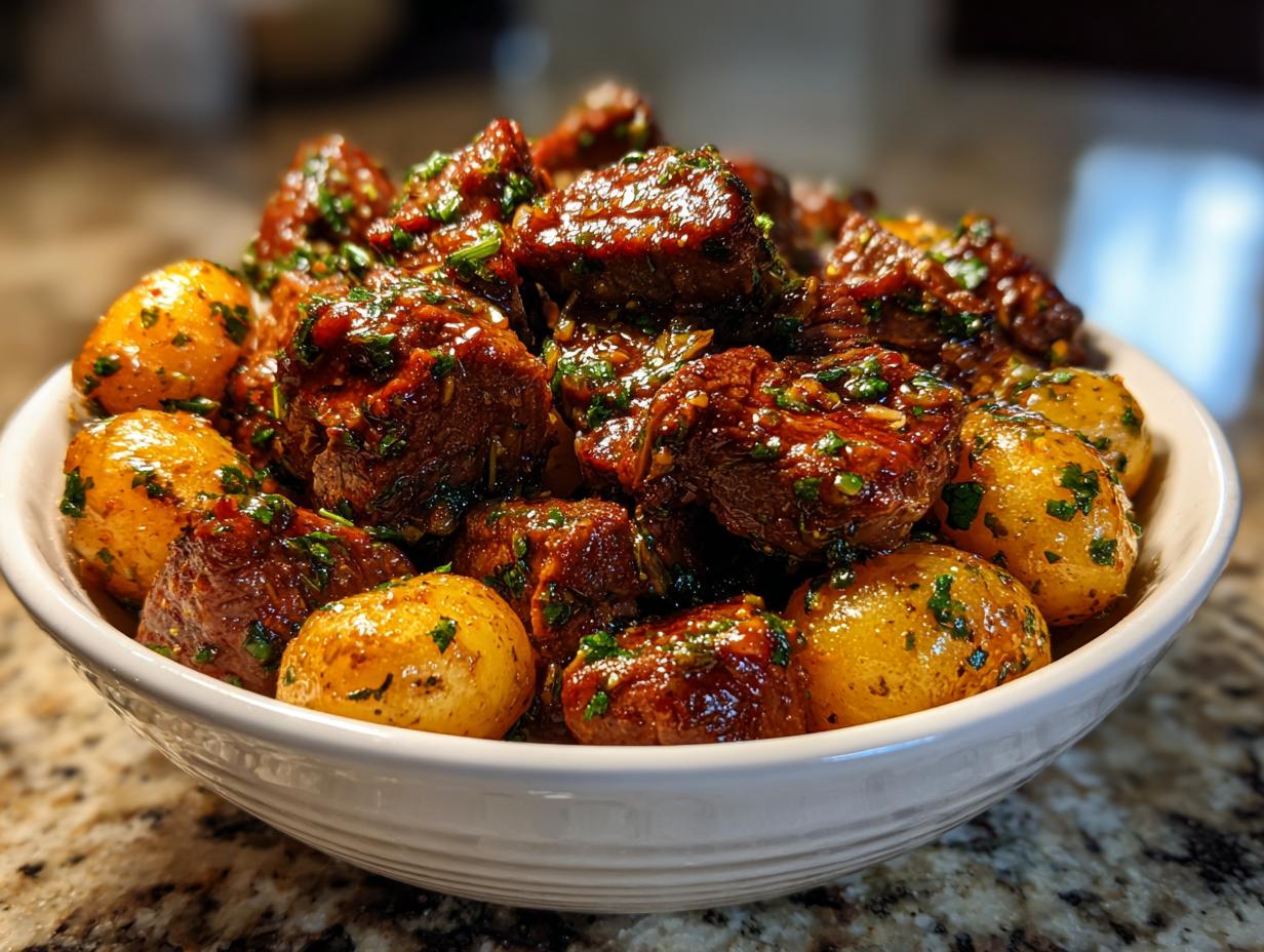 Slow Cooker Garlic Butter Beef Bites with Potatoes