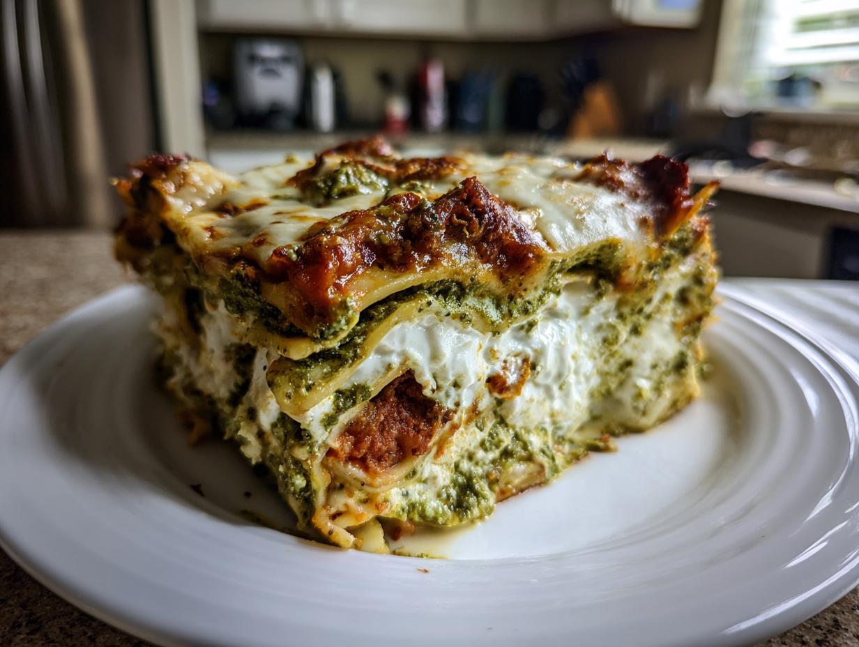 Pesto Lasagna with Marinara and Cheese